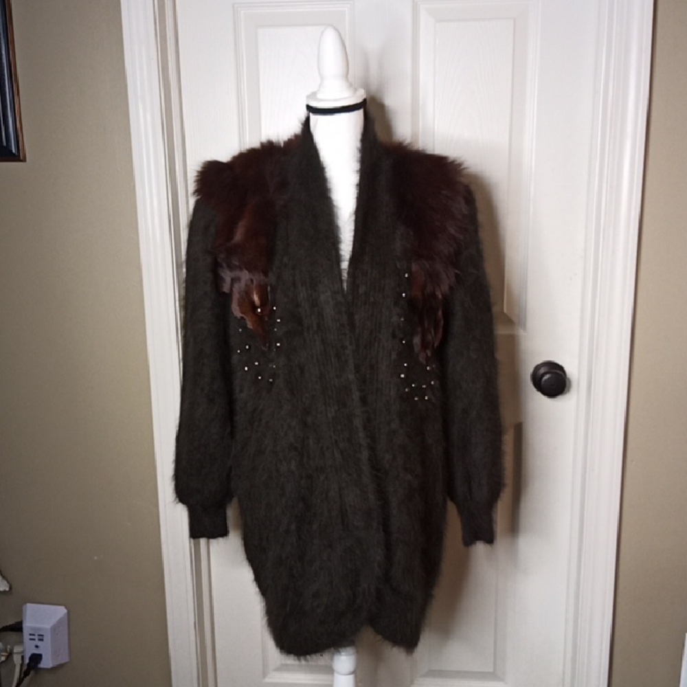 Vintage Angora & Fox Collar 80s Long Sweater Jacket Sz. Large by "Cinderella"